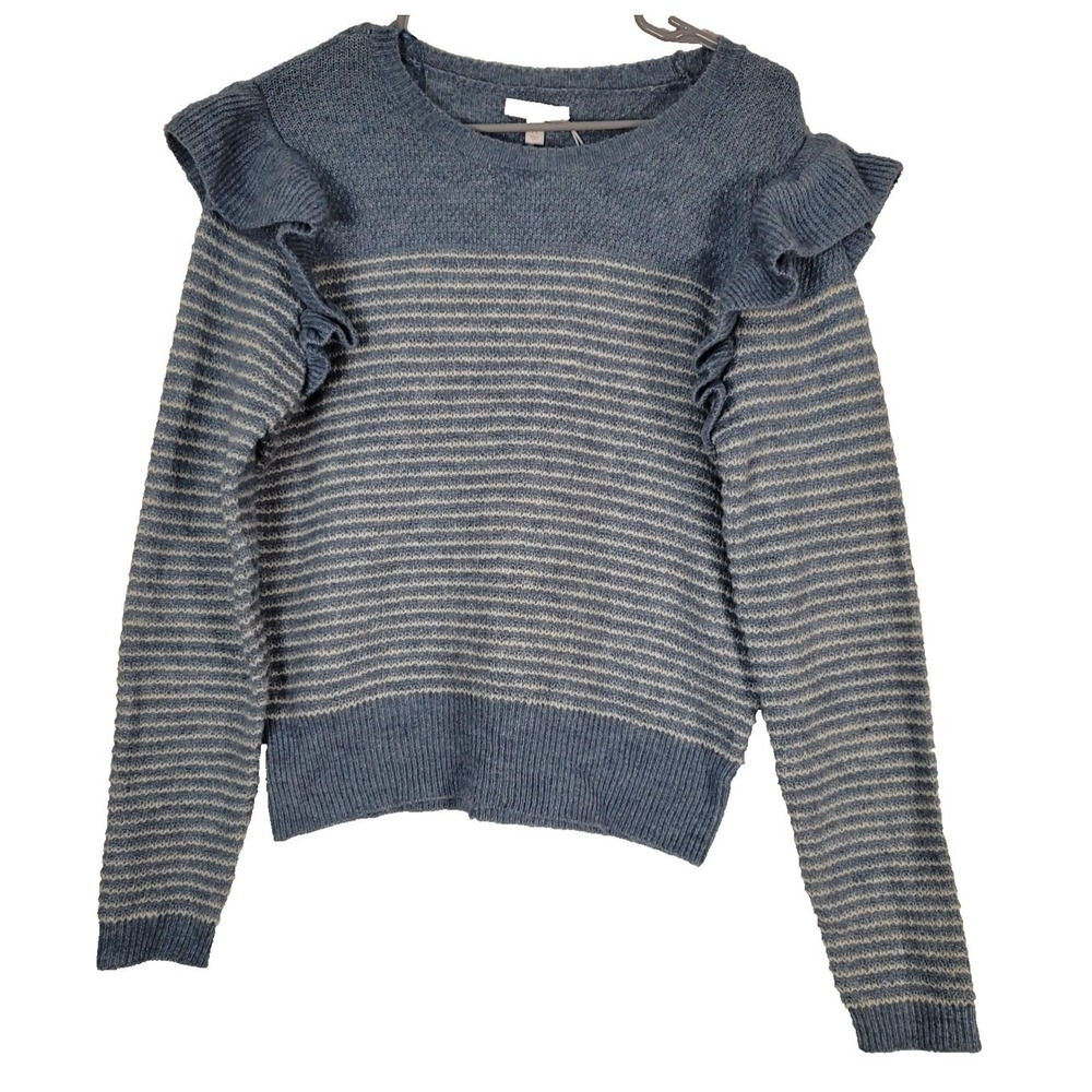 Lauren‎ Conrad Sweater Womens Medium Blue White Striped Ruffle Shoulder Crewneck
